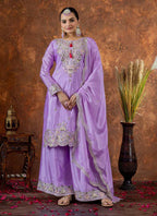 Prazu Fashion Lavender Chinon Silk Embroidered Codding Work Plazzo Suit | Grocsy