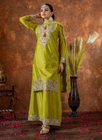 Prazu Fashion Lime Green Chinon Silk Embroidered Codding Work Plazzo Suit | Grocsy