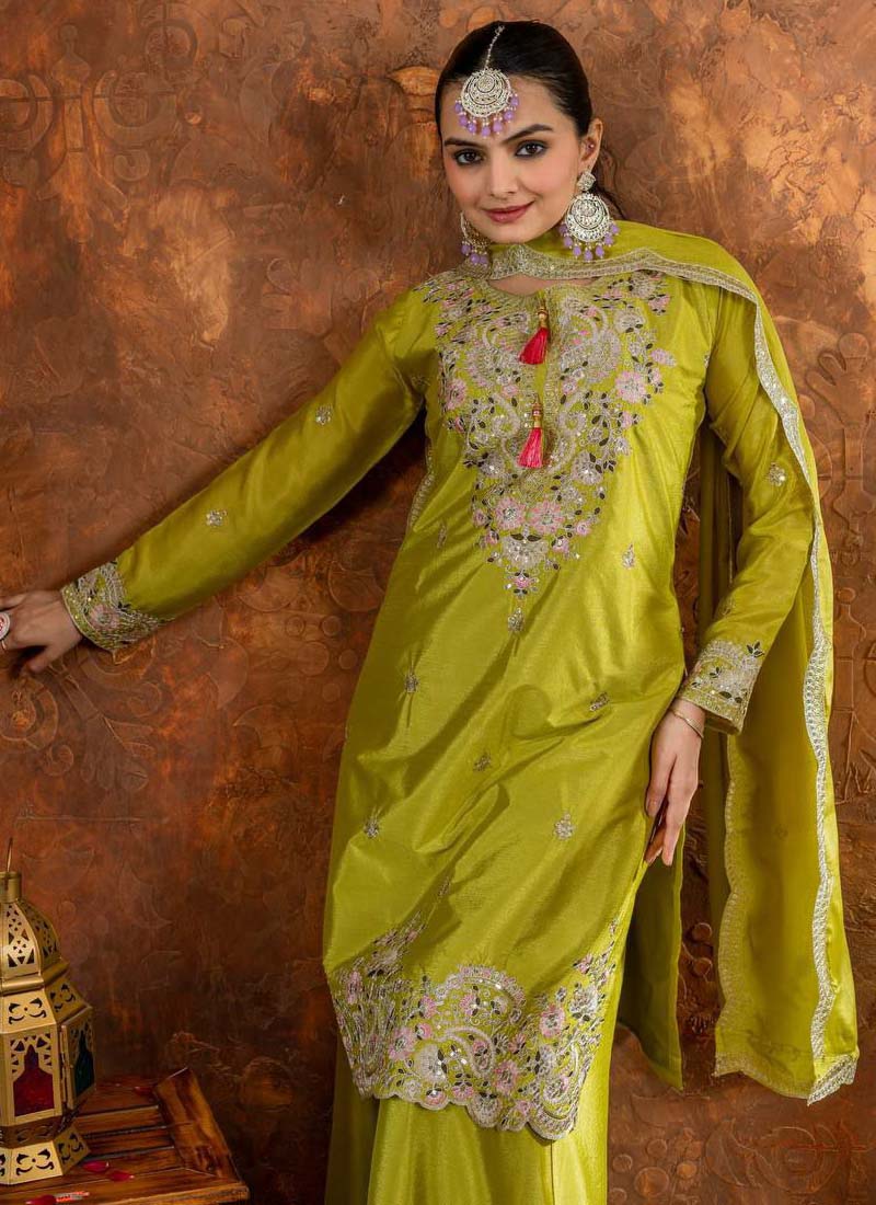 Prazu Fashion Lime Green Chinon Silk Embroidered Codding Work Plazzo Suit | Grocsy