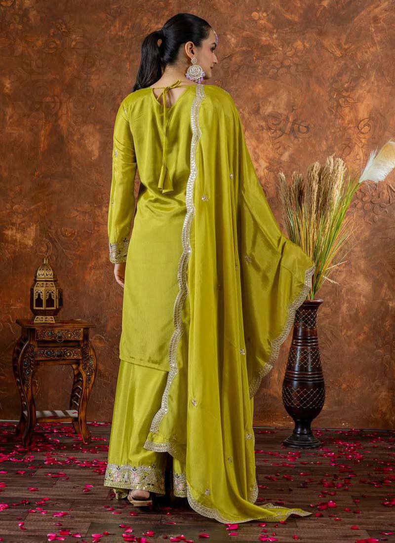Prazu Fashion Lime Green Chinon Silk Embroidered Codding Work Plazzo Suit | Grocsy