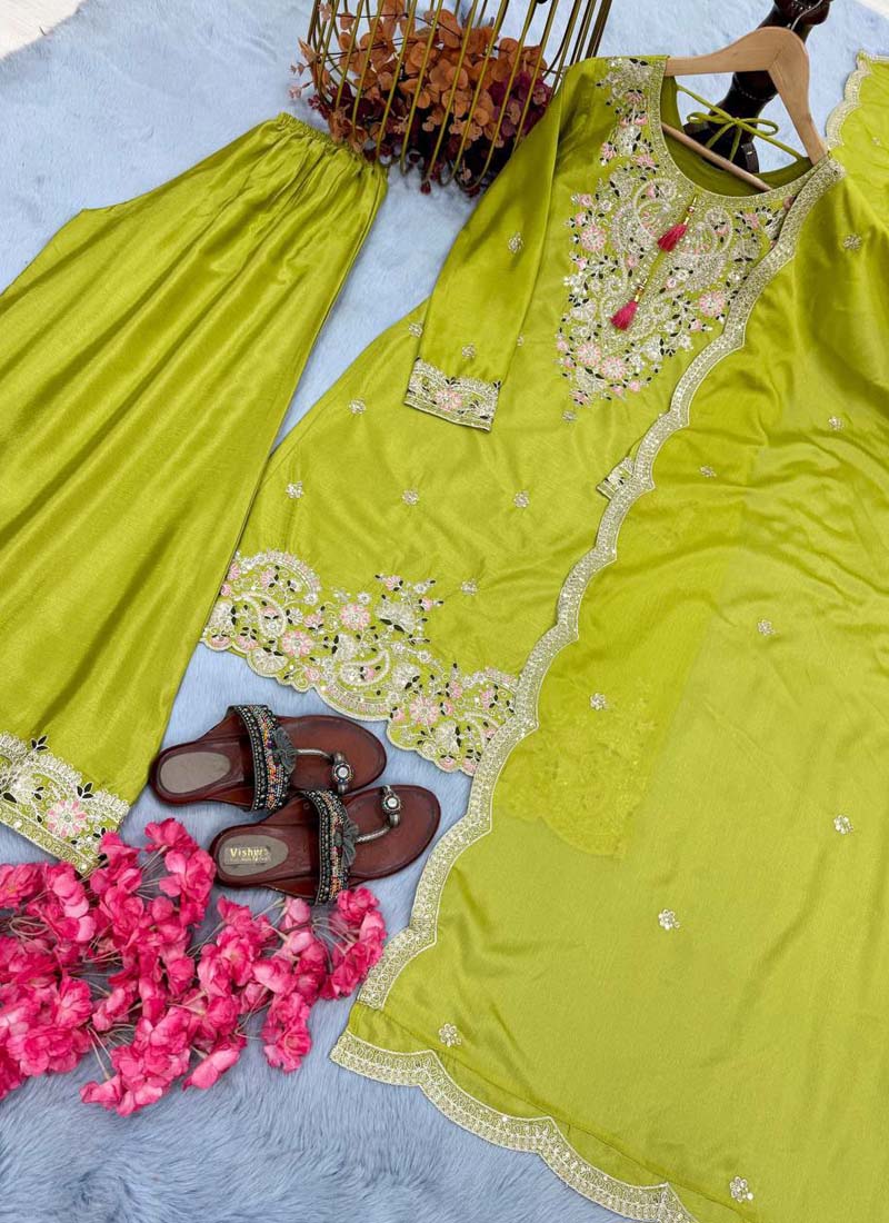 Prazu Fashion Lime Green Chinon Silk Embroidered Codding Work Plazzo Suit | Grocsy