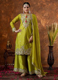 Prazu Fashion Lime Green Chinon Silk Embroidered Codding Work Plazzo Suit | Grocsy
