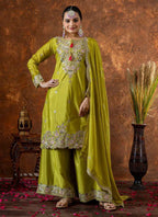 Prazu Fashion Lime Green Chinon Silk Embroidered Codding Work Plazzo Suit | Grocsy