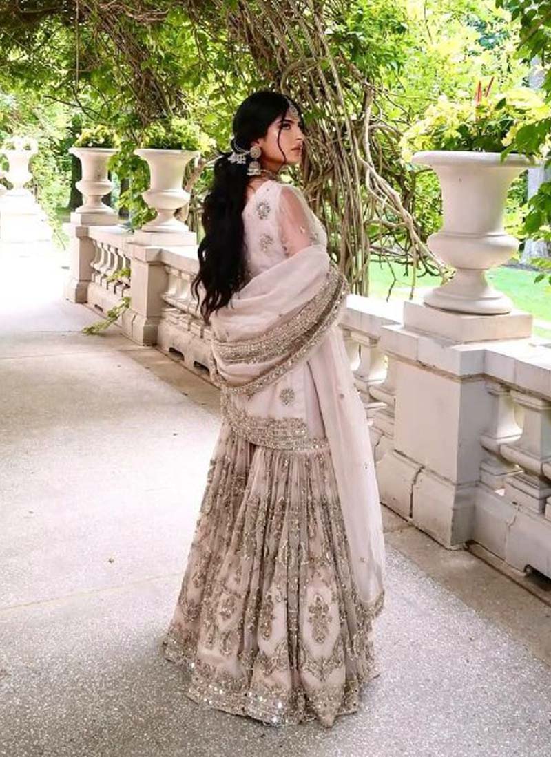 Prazu Fashion Light Peach Faux Georgette Embroidered Sharara Suit | Grocsy