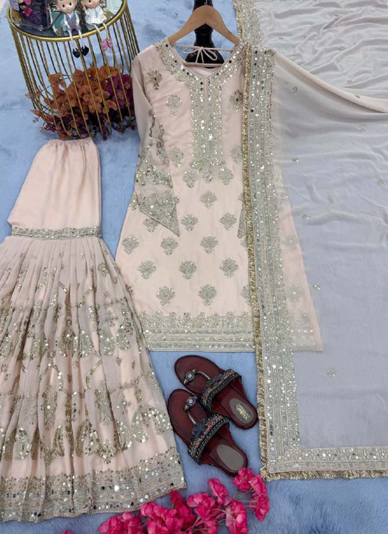 Prazu Fashion Light Peach Faux Georgette Embroidered Sharara Suit | Grocsy
