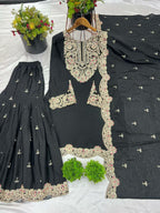 Prazu Fashion Black Chinon Silk Embroidered Plazzo Suit | Grocsy