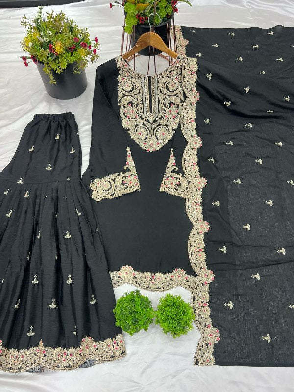 Prazu Fashion Black Chinon Silk Embroidered Plazzo Suit | Grocsy