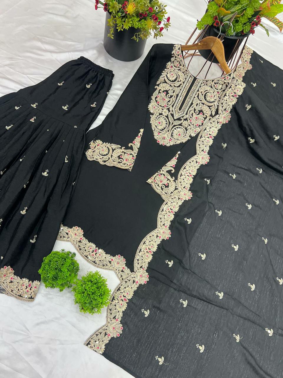 Prazu Fashion Black Chinon Silk Embroidered Plazzo Suit | Grocsy