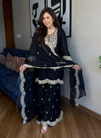 Prazu Fashion Black Chinon Silk Embroidered Plazzo Suit | Grocsy
