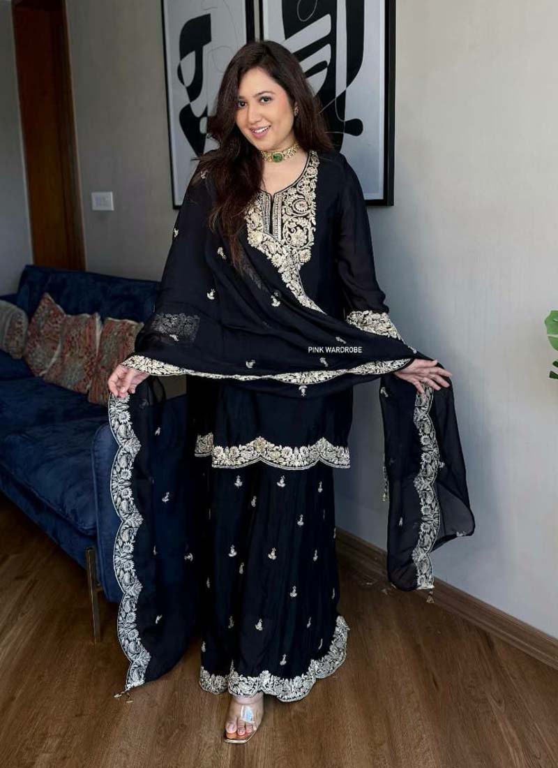 Prazu Fashion Black Chinon Silk Embroidered Plazzo Suit | Grocsy