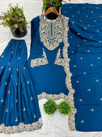 Prazu Fashion Royal Blue Chinon Silk Embroidered Plazzo Suit | Grocsy