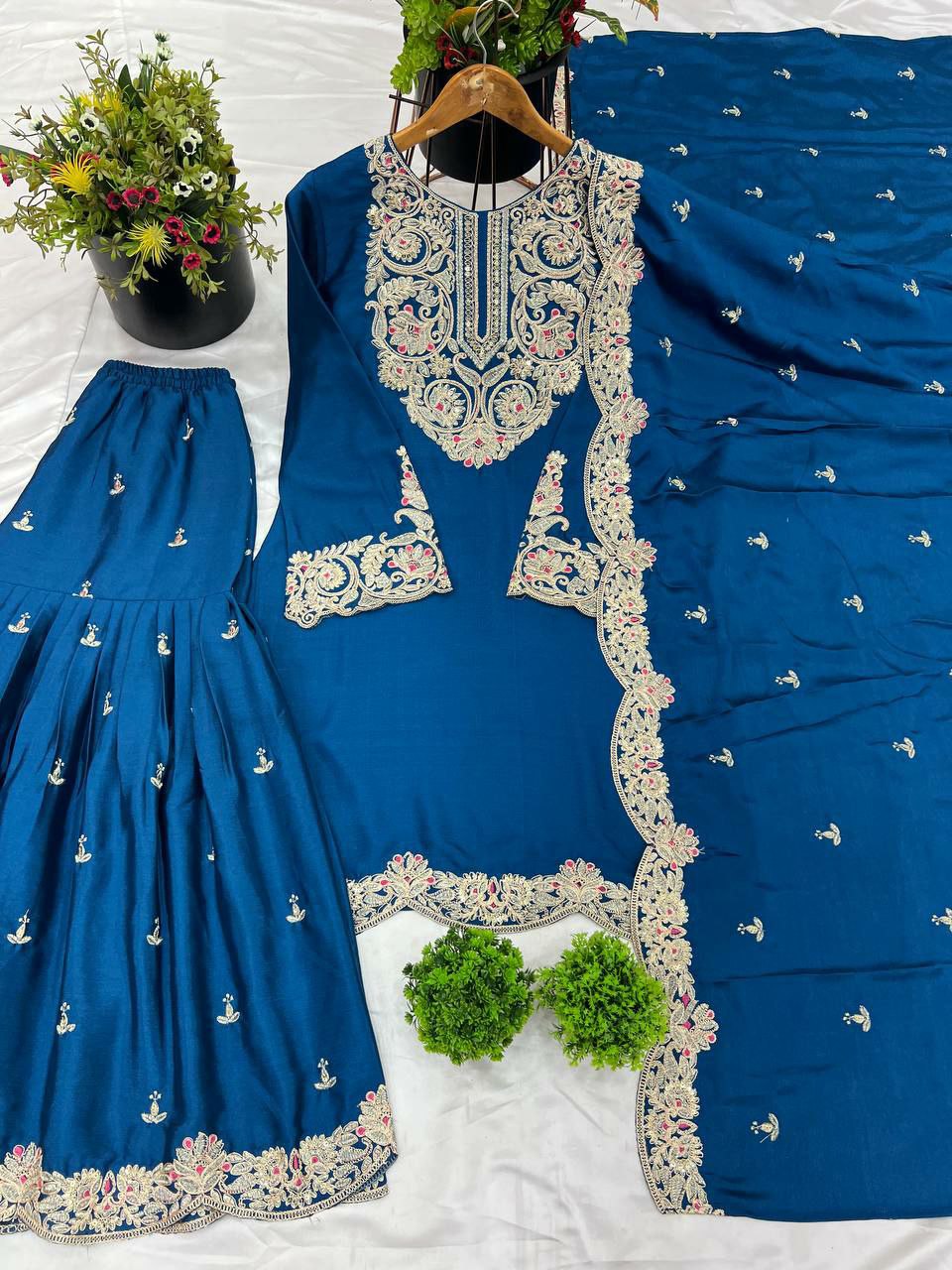 Prazu Fashion Royal Blue Chinon Silk Embroidered Plazzo Suit | Grocsy