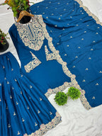 Prazu Fashion Royal Blue Chinon Silk Embroidered Plazzo Suit | Grocsy
