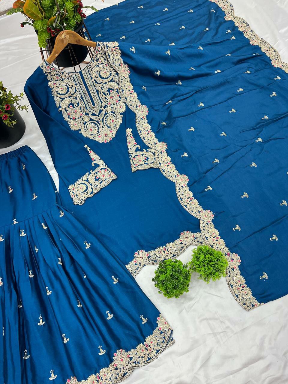 Prazu Fashion Royal Blue Chinon Silk Embroidered Plazzo Suit | Grocsy