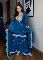 Prazu Fashion Royal Blue Chinon Silk Embroidered Plazzo Suit | Grocsy