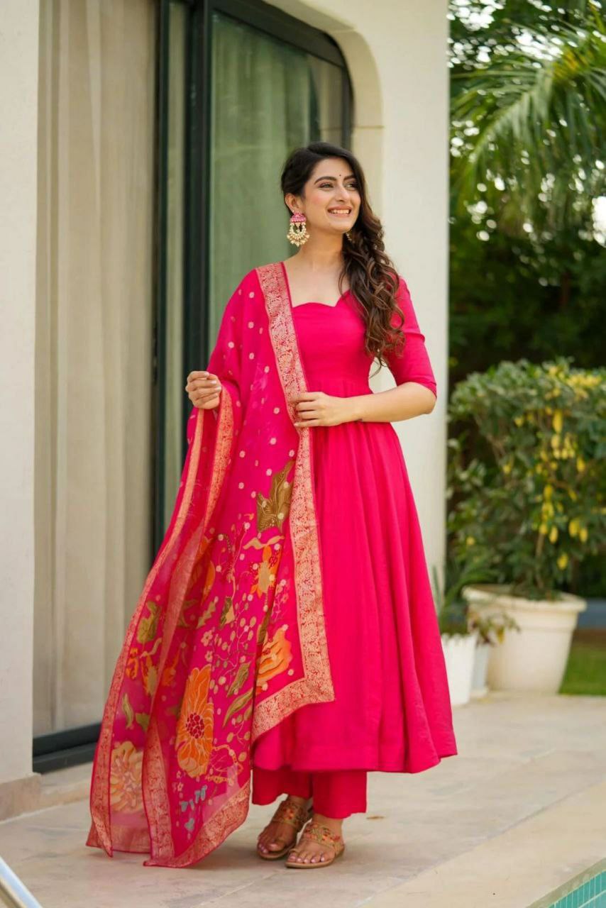 Prazu Fashion Designer Red Chinon Silk Anarkali Suit | Grocsy