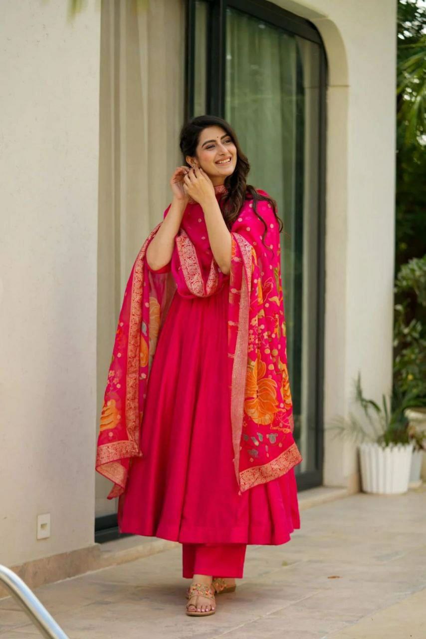 Prazu Fashion Designer Red Chinon Silk Anarkali Suit | Grocsy