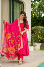 Prazu Fashion Designer Red Chinon Silk Anarkali Suit | Grocsy
