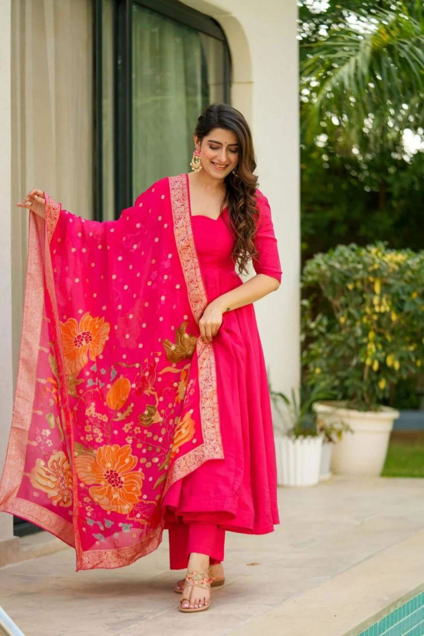 Prazu Fashion Designer Red Chinon Silk Anarkali Suit | Grocsy