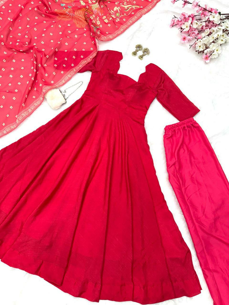 Prazu Fashion Designer Red Chinon Silk Anarkali Suit | Grocsy