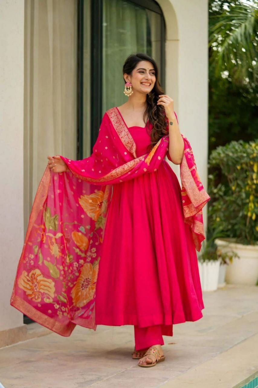 Prazu Fashion Designer Red Chinon Silk Anarkali Suit | Grocsy