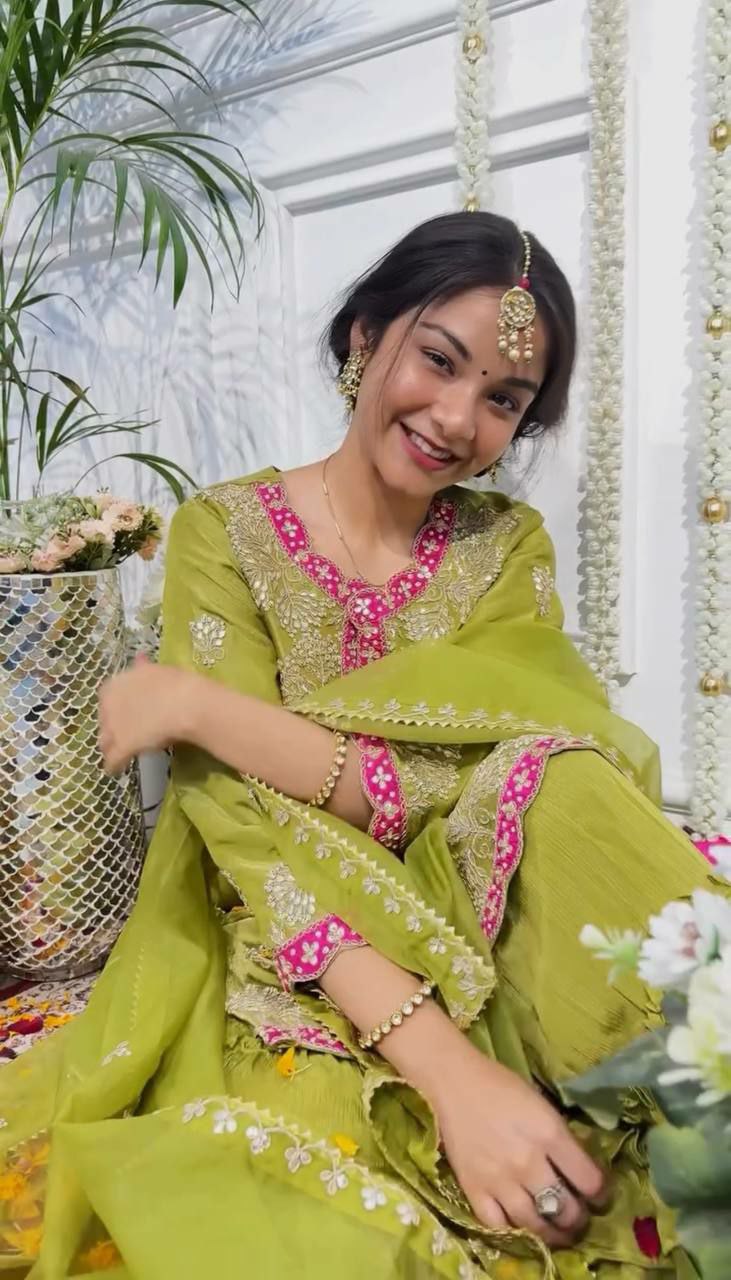 Prazu Fashion Lime Green Chinon Silk Embroidered Sharara Suit | Grocsy