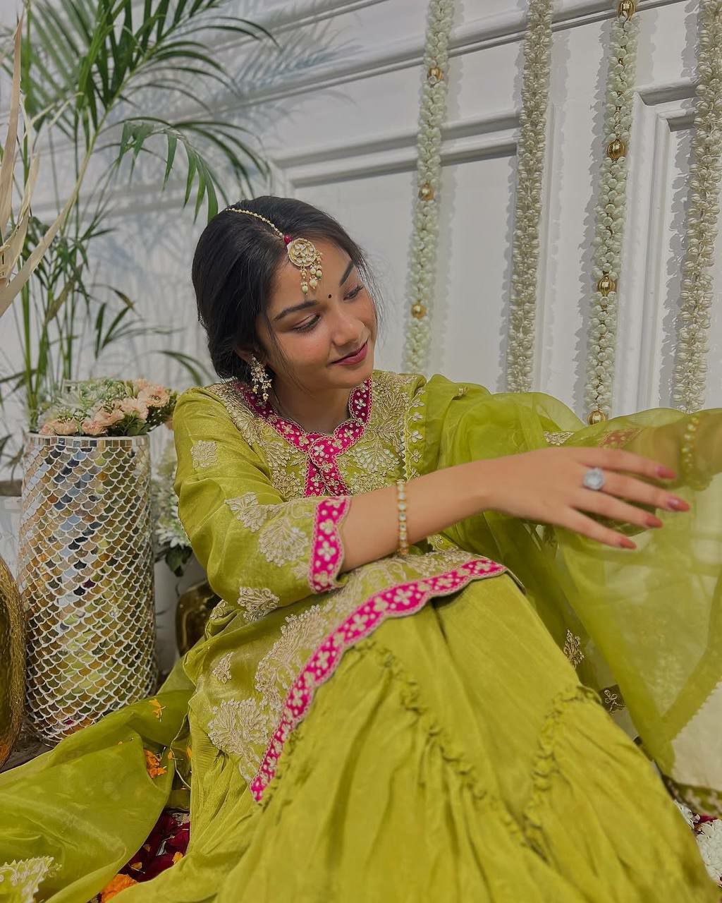 Prazu Fashion Lime Green Chinon Silk Embroidered Sharara Suit | Grocsy