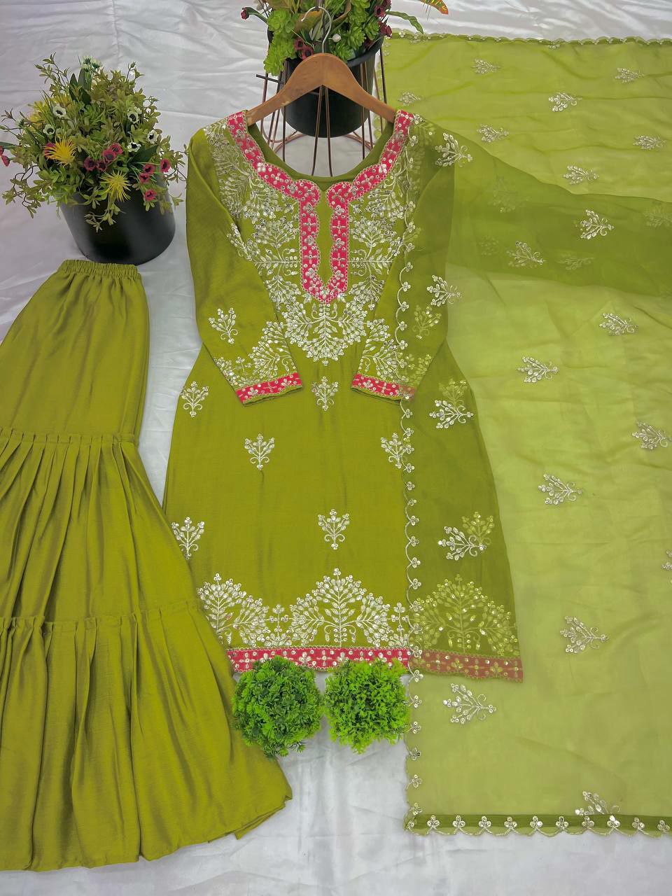 Prazu Fashion Lime Green Chinon Silk Embroidered Sharara Suit | Grocsy