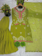Prazu Fashion Lime Green Chinon Silk Embroidered Sharara Suit | Grocsy