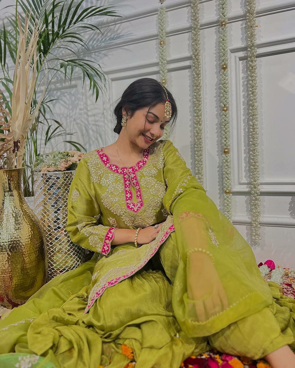 Prazu Fashion Lime Green Chinon Silk Embroidered Sharara Suit | Grocsy