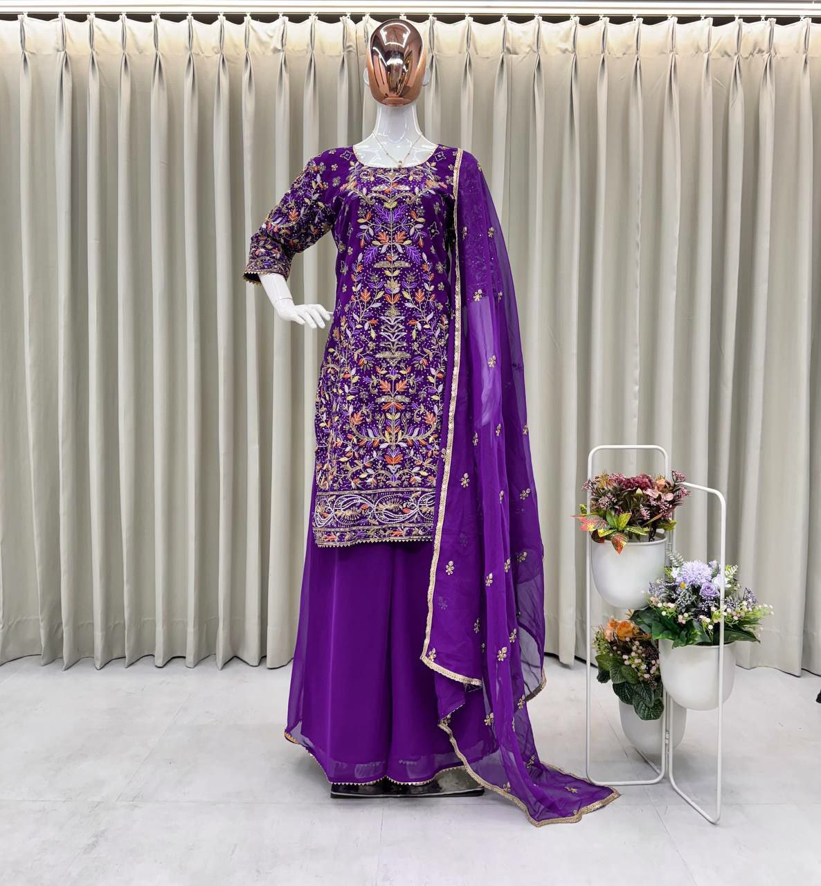 Prazu Fashion Purple Georgette Embroidered Plazzo Suit | Grocsy