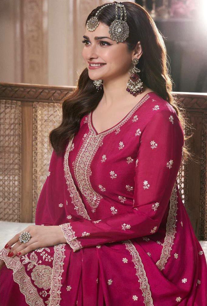 Prazu Fashion Pink Chinon Silk Embroidered Palazzo Suit | Grocsy