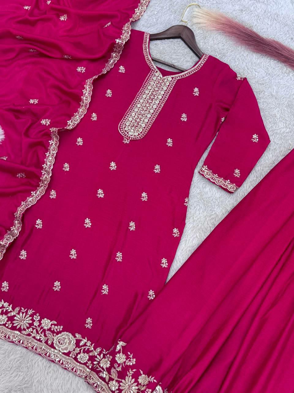 Prazu Fashion Pink Chinon Silk Embroidered Palazzo Suit | Grocsy