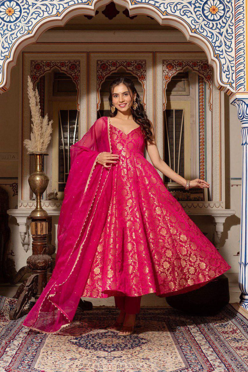 Prazu Fashion Pink Jacquard Silk Weaving Gown With Dupatta | Grocsy