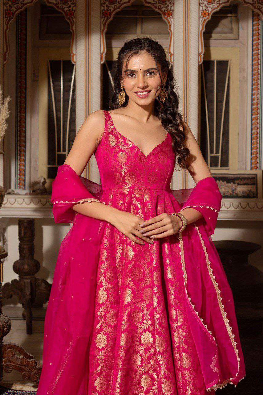 Prazu Fashion Pink Jacquard Silk Weaving Gown With Dupatta | Grocsy