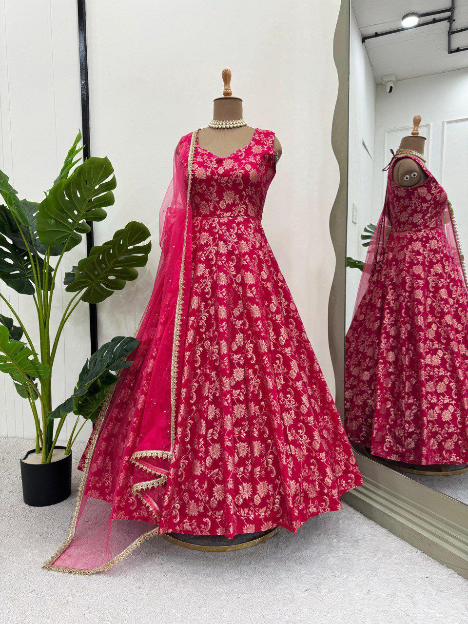 Prazu Fashion Pink Jacquard Silk Weaving Gown With Dupatta | Grocsy