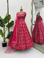 Prazu Fashion Pink Jacquard Silk Weaving Gown With Dupatta | Grocsy