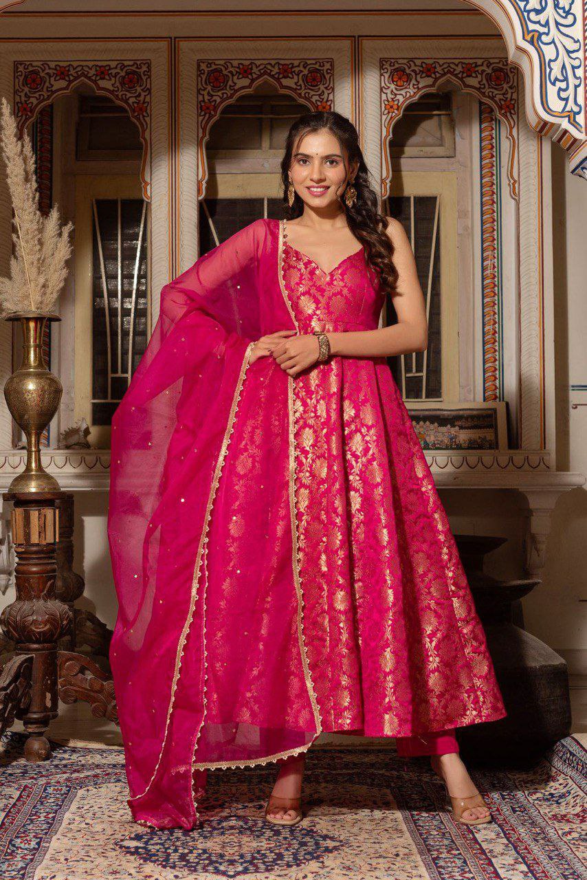 Prazu Fashion Pink Jacquard Silk Weaving Gown With Dupatta | Grocsy