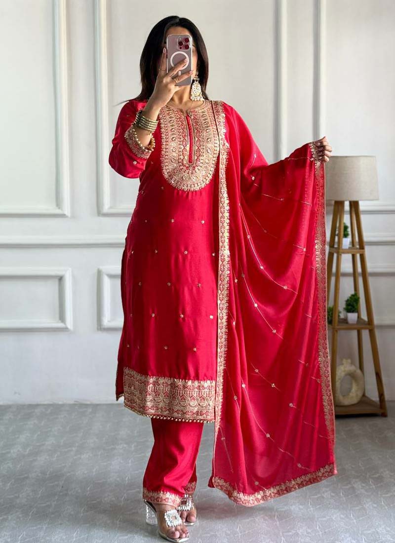 Prazu Fashion Red Silk Embriodered Salwar Suit | Grocsy