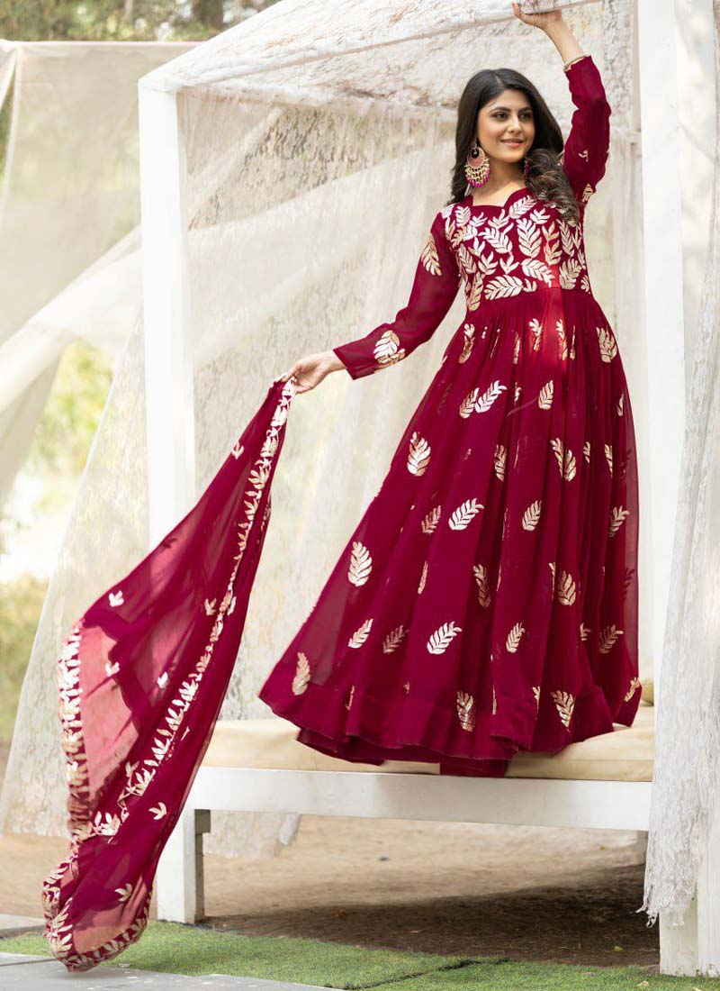 Prazu Fashion Red Georgette Sequence Gown With Dupatta | Grocsy