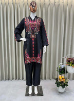 Prazu Fashion Black Crep Silk Printed Top With Pant | Grocsy