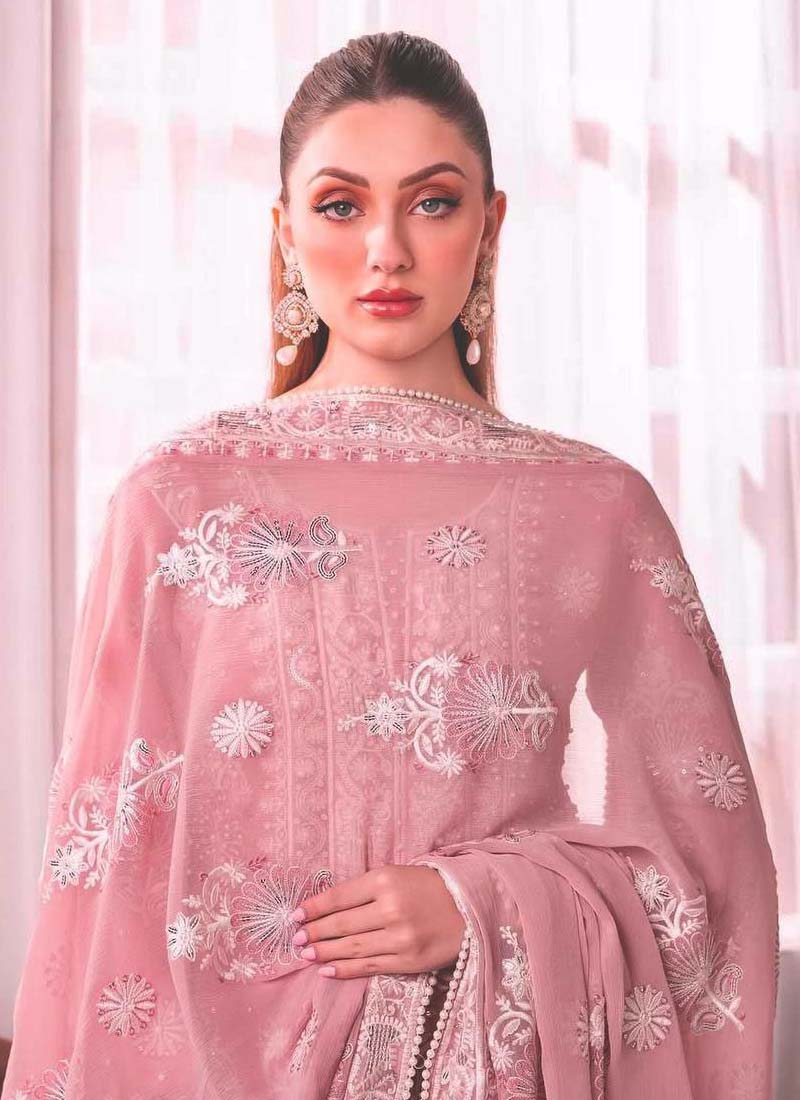 Prazu Fashion Baby Pink Georgette Embroidered Palazzo Suit | Grocsy