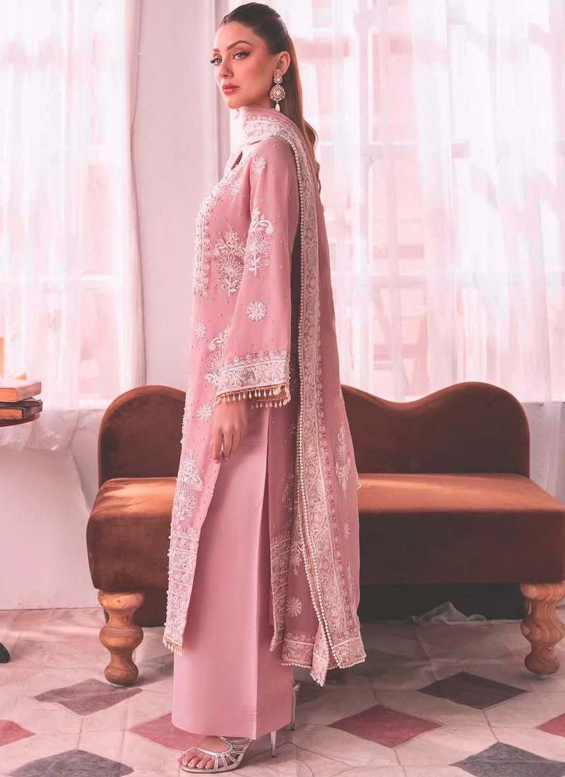 Prazu Fashion Baby Pink Georgette Embroidered Palazzo Suit | Grocsy