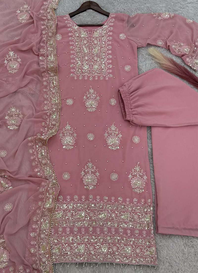 Prazu Fashion Baby Pink Georgette Embroidered Palazzo Suit | Grocsy