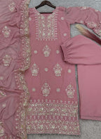 Prazu Fashion Baby Pink Georgette Embroidered Palazzo Suit | Grocsy
