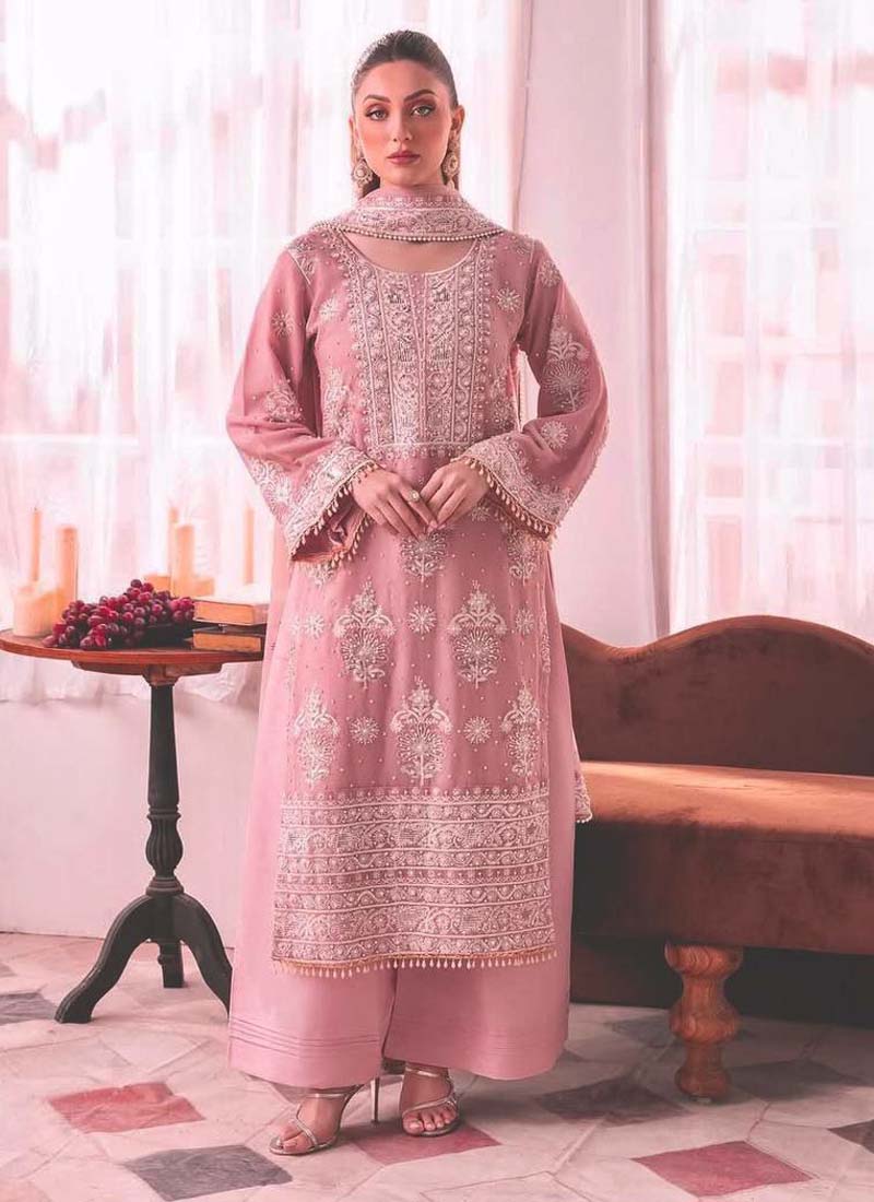 Prazu Fashion Baby Pink Georgette Embroidered Palazzo Suit | Grocsy