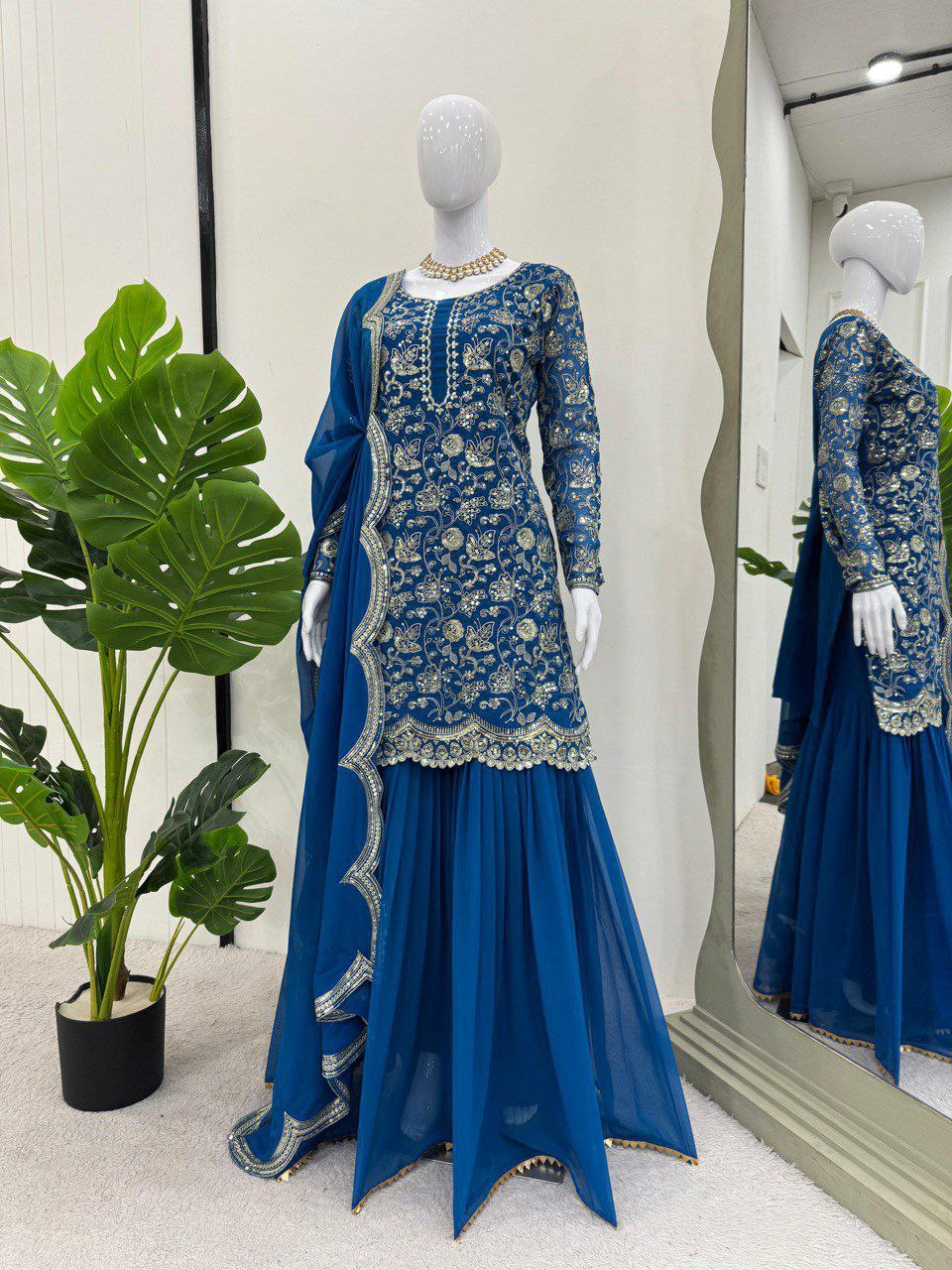 Prazu Fashion Blue Georgette Embroidered Sharara Suit | Grocsy