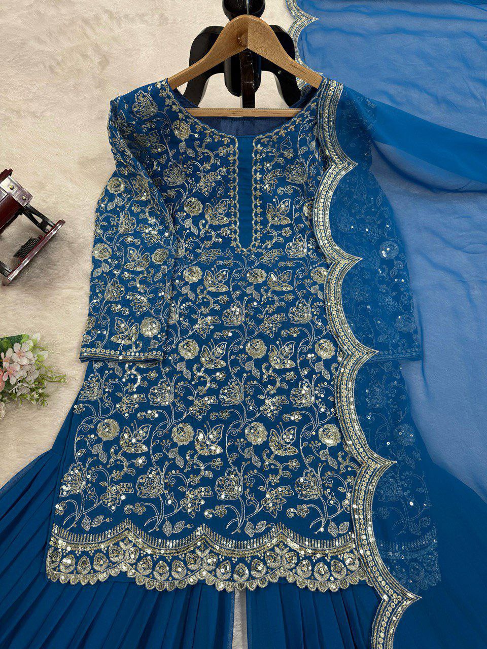 Prazu Fashion Blue Georgette Embroidered Sharara Suit | Grocsy