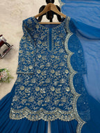 Prazu Fashion Blue Georgette Embroidered Sharara Suit | Grocsy