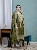 Prazu Fashion Mahendi Chinon Silk Embroidered Salwar Suit | Grocsy